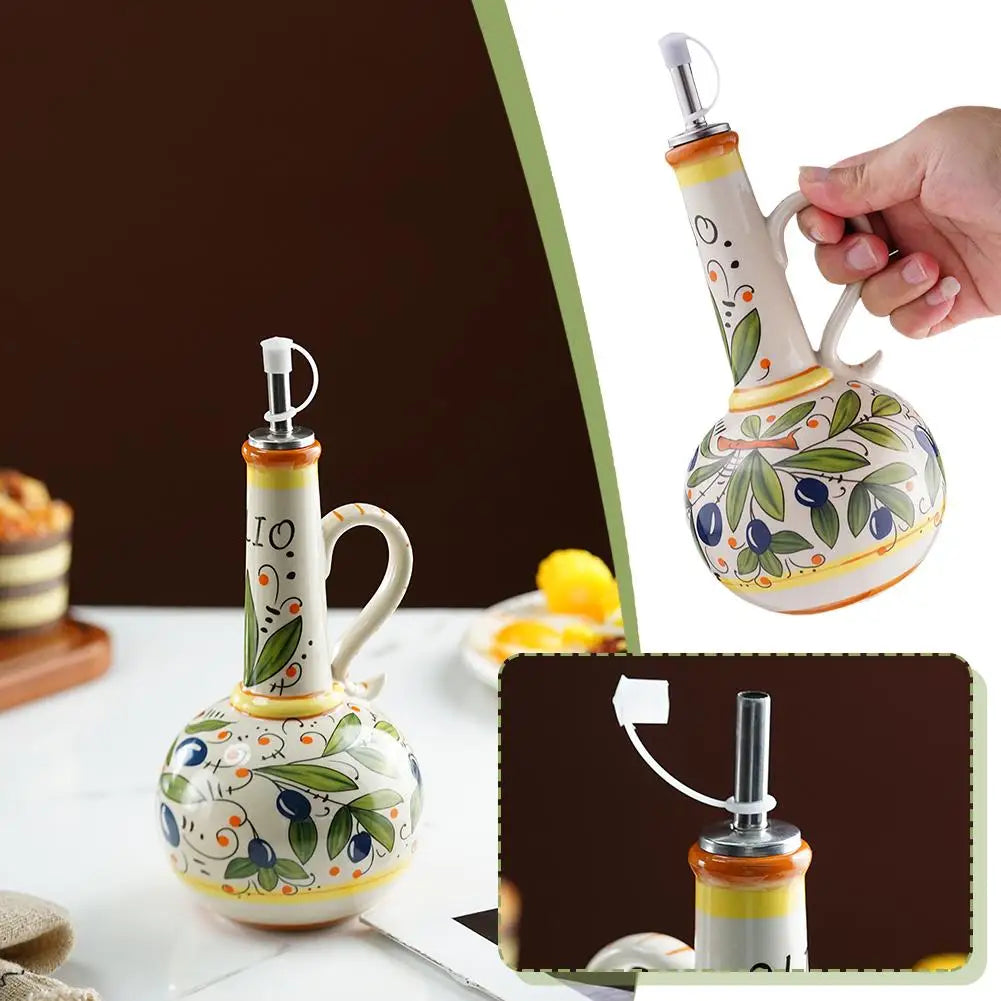 Hand-Painted Ceramic Oil Bottle Kitchen Storage Nordic Vinegar Oil Dispenser Cooking Utensil for Home Use Kitchen Seasoning Jar