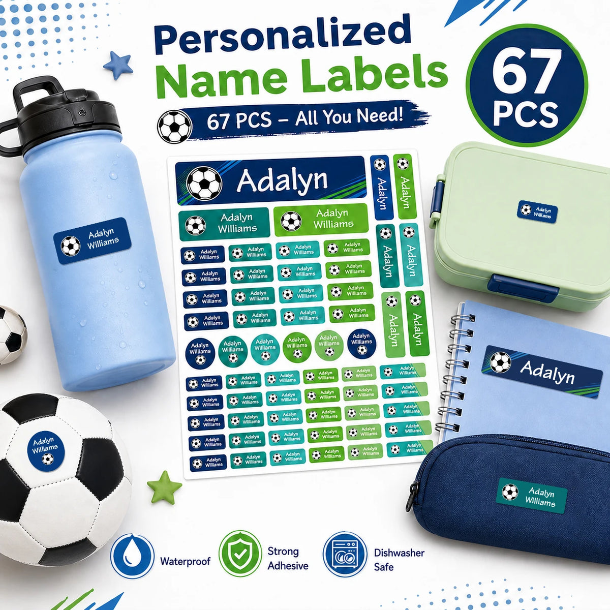 Custom Soccer Name Labels Personalized Waterproof Stickers for Bottles Lunch Boxes Notebooks Sports Gear 4 Shapes