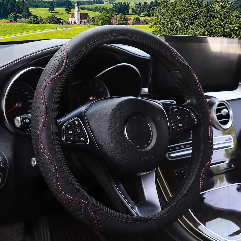 Women's PU Leather Corrugated Steering Wheel Cover 37-38cm Rimless Comfortable Car Accessory for All Seasons