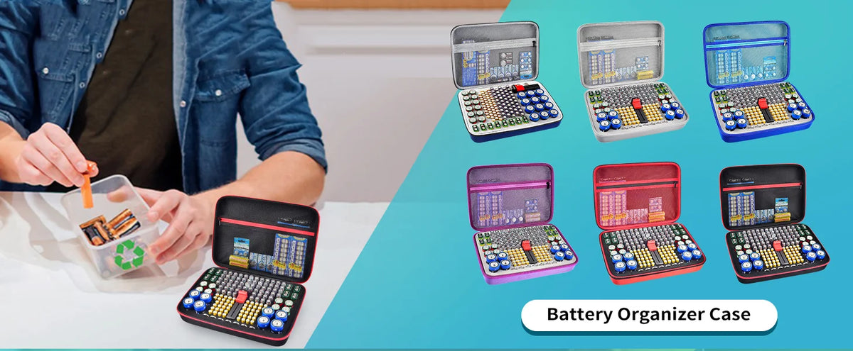 Battery Organizer Case With Tester Holds 150+ AA AAA 9V C D Lithium Button Batteries Hard Shell For Home Garage Batteries
