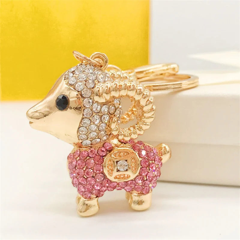 Chinese Zodiac Goat Sheep Lovely Crystal Charm Purse Handbag Car Key Keyring Keychain Party Wedding Birthday Gift
