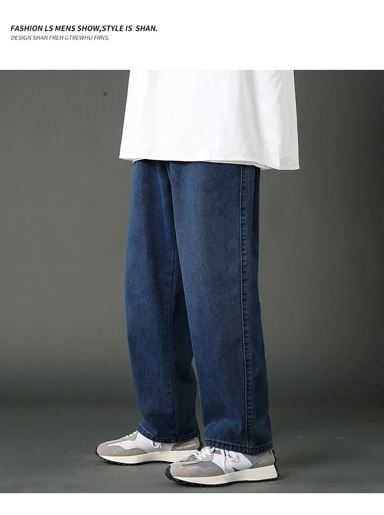 New Street Casual Baggy Jeans Men's Korean Fashion Hip Hop Straight Wide Leg  Trousers Couple Denim Pants Black Light Blue