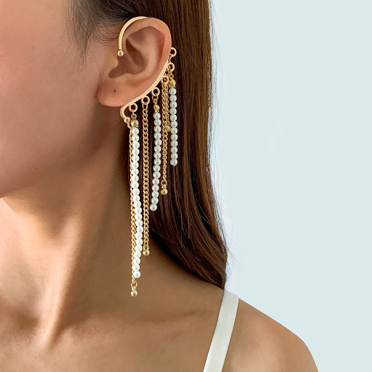 IngeSight.Z 1PC Imitation Pearl Sequins Long Tassel Earrings Kpop Arc Ear Hanging Fake Cartilage Clip Earrings Jewelry Accessory