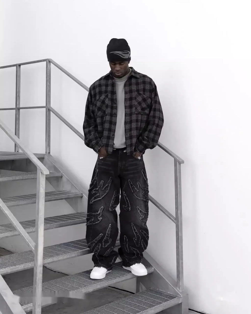 Men Denim Pants Jeans Spliced Wide Leg Pants Long Jean Patchwork Pockets Streetwear Mid Waist Washed Distressed Pant Vintage