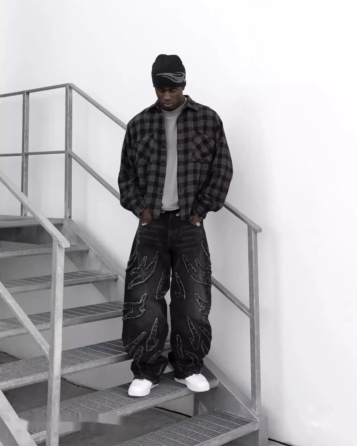 Men Denim Pants Jeans Spliced Wide Leg Pants Long Jean Patchwork Pockets Streetwear Mid Waist Washed Distressed Pant Vintage