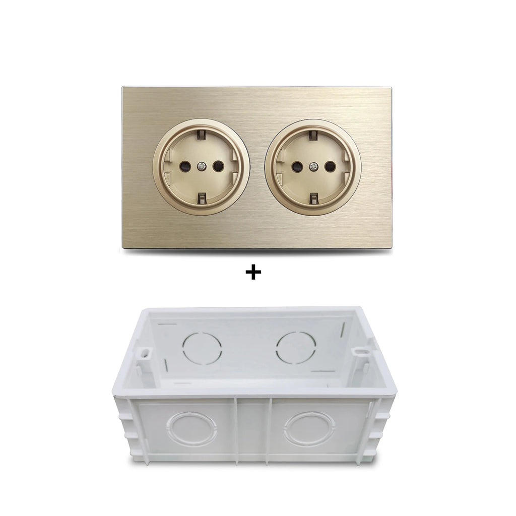 Double EU French Electrical Power Outlet Brown Brushed Aluminum Panel Wall Socket 146 * 86mm Wallpad L6