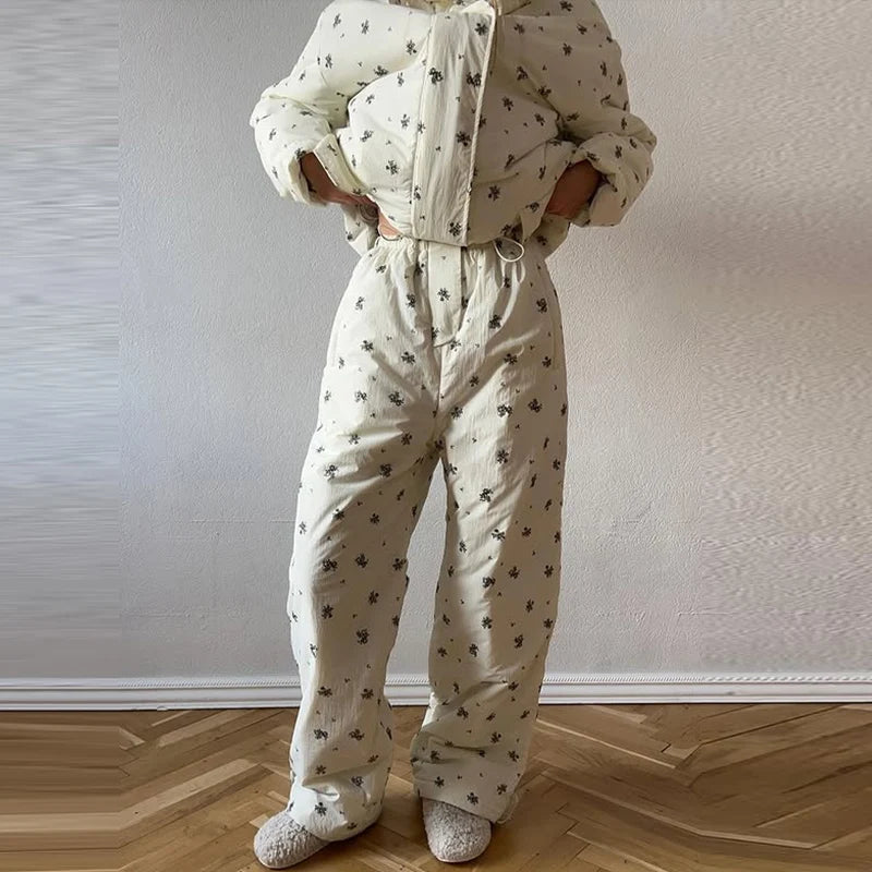 Chic Striped Hooded Puffer Coat Set Women Quilted Full Sleeve Zip Jacket Wide Leg Pants 2026 New Lady Autumn Winter Warm Outfit