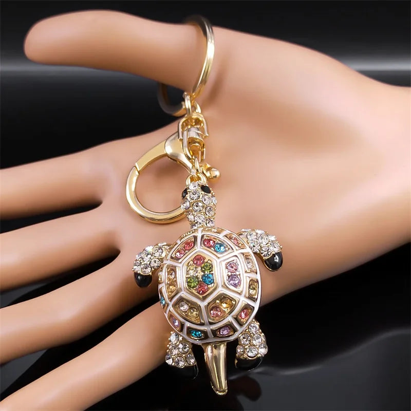 Exquisite Colorful Crystal Turtle Key Ring Holder for Women Men Alloy Rhinestone Animal Keychain Charm Jewelry Gifts K5205S03