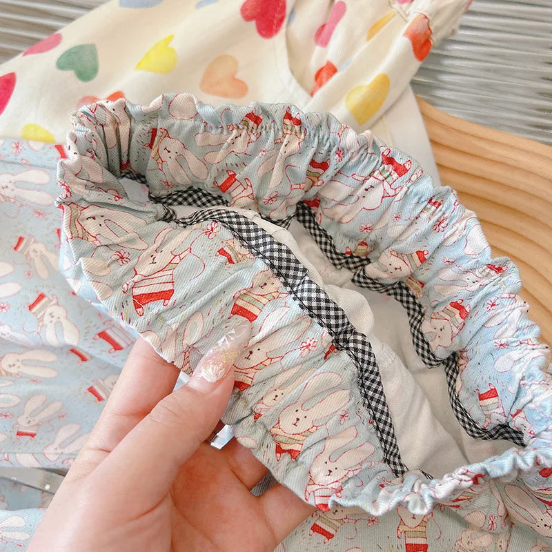2025 New Spring Kids' Straight Pants Girls Cute Cartoon Heart Casual Pants Children Cotton Loose Trousers Outwear Clothes
