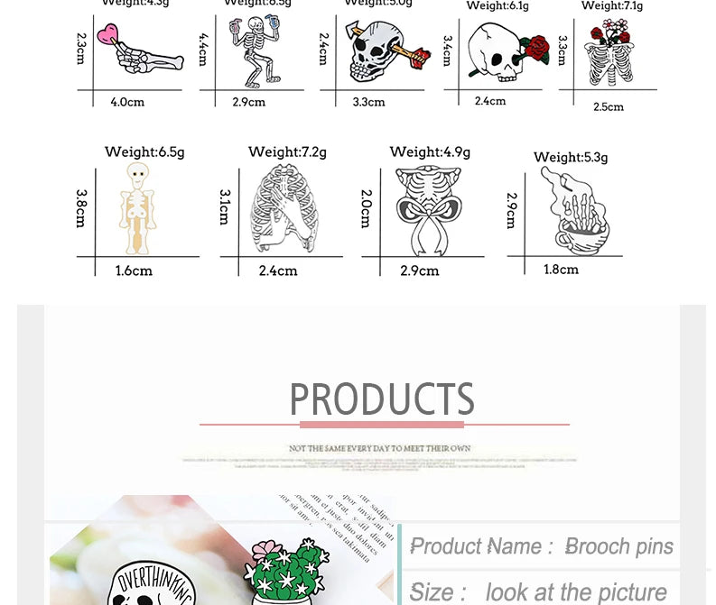 More Styles Halloween Day Punk Skeleton Enamel Pin Women Men Rose Flower Skull Brooches Metal Jean Coat Lapel Pin Badge Jewelry