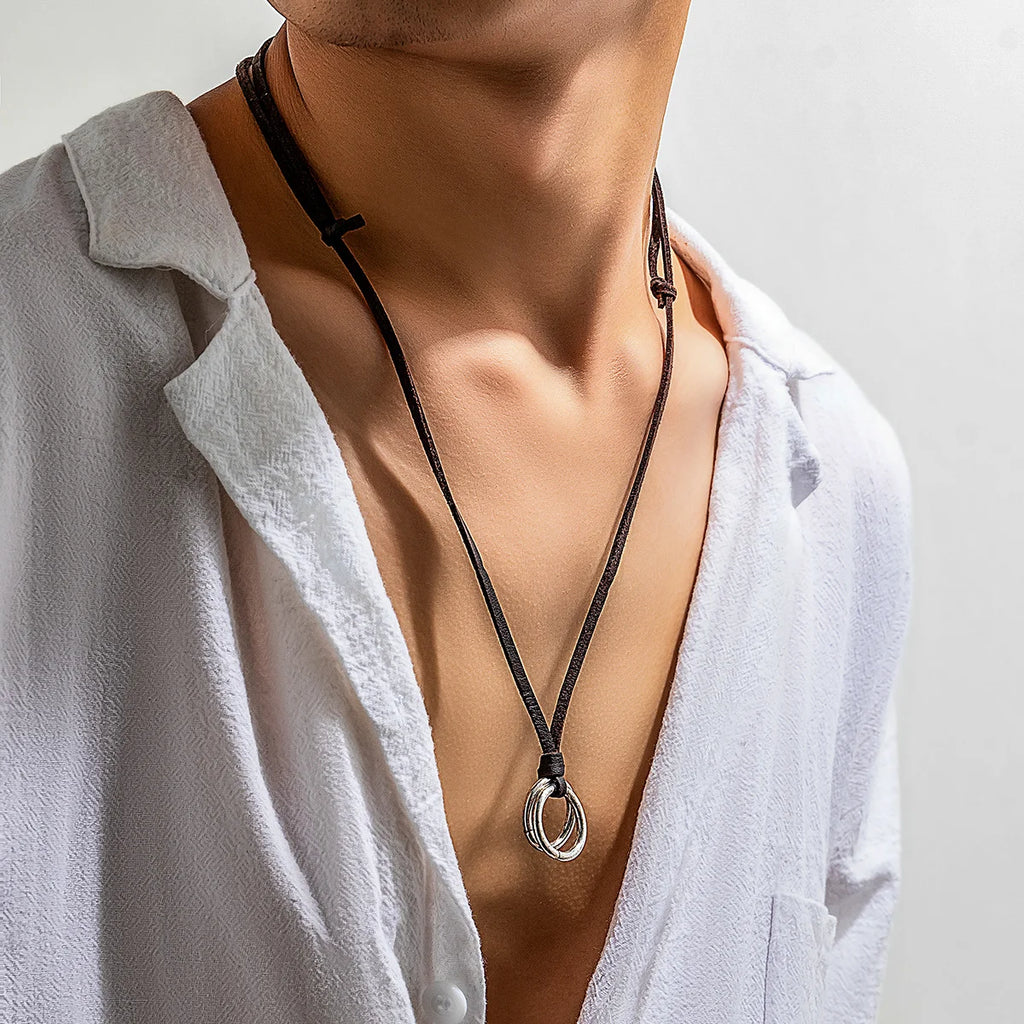 Adjustable Long Rope Chain with Circle Ring Pendant Necklace Men Vintage Jewelry on the Neck Accessories 2023 Fashion Male Gifts