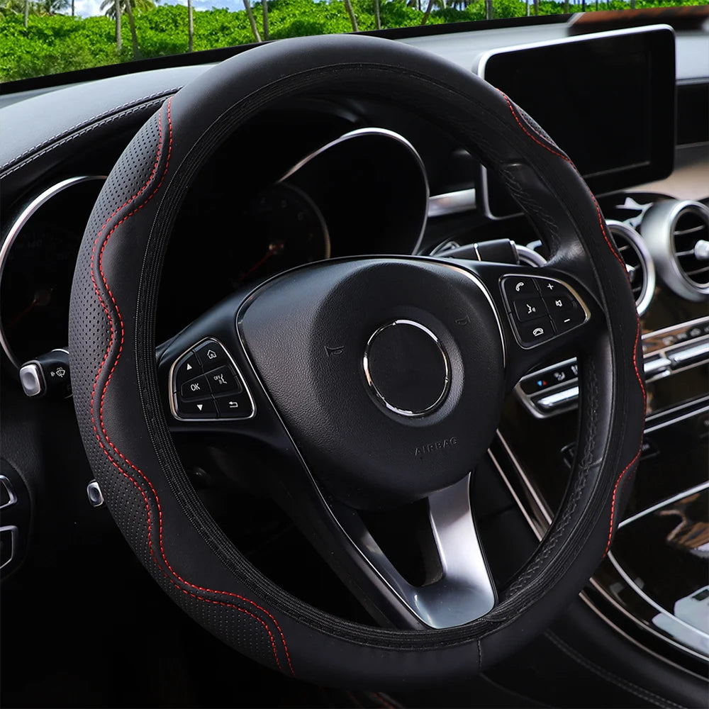 Women's PU Leather Corrugated Steering Wheel Cover 37-38cm Rimless Comfortable Car Accessory for All Seasons