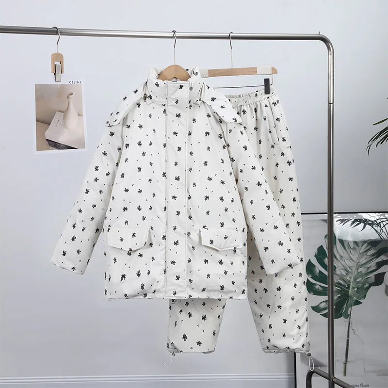 Chic Striped Hooded Puffer Coat Set Women Quilted Full Sleeve Zip Jacket Wide Leg Pants 2026 New Lady Autumn Winter Warm Outfit