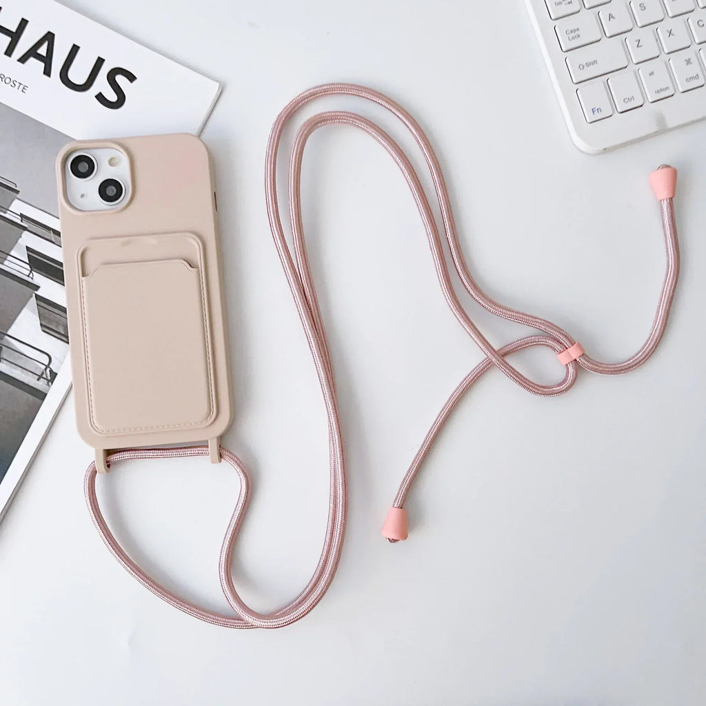 Crossboby Lanyard Rope Phone Case with Card Holder For iPhone 17 16 E 15 14 13 12 11 Pro Max Necklace Strap Soft Silicone Cover