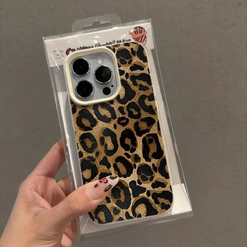INS Brown Leopard Print Y2K Phone Case For iPhone 16 15 14 13 12 11 Pro Max Plus X XR XSMax Soft TPU Imitation Leather Cover