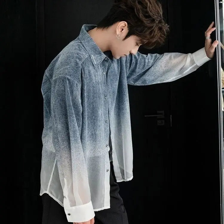 Summer Sun Protection Versatile Lightweight Long Sleeve Shirt Gradient Denim Men's Fashion Trendy Loose Top