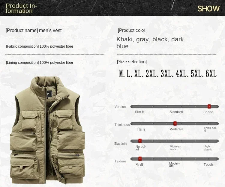 Men's New Keep Warm Fleece Work Sleeveless Jacket Slim Fit Windbreaker Fashion Many Pocket Jacket Men Winter Sleeveless Jackets