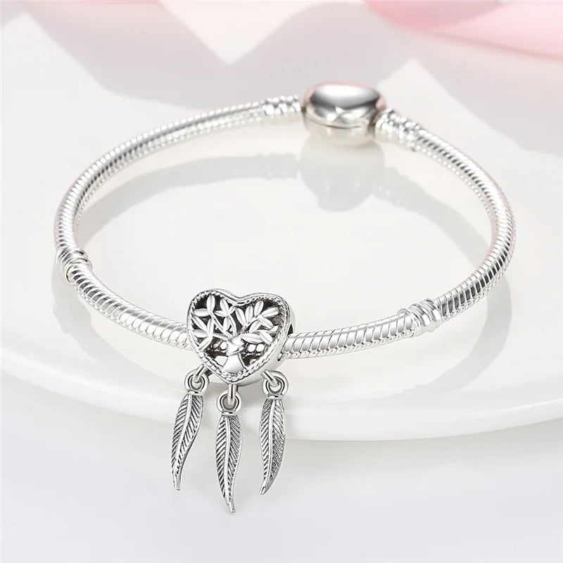 Original Inlaid Zircon Charm Beads 925 Silver Color Love Heart Snake Dangle Bead Fit Bangle Bracelet Pendant Jewelry Fine Gift