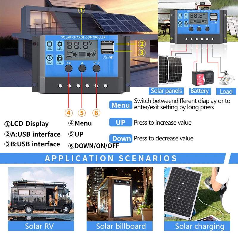 6000W Complete Solar Power Kit 12V to 110V/220V Off-Grid System 100A Controller Solar Panel Inverter for Home, Camping, Backup