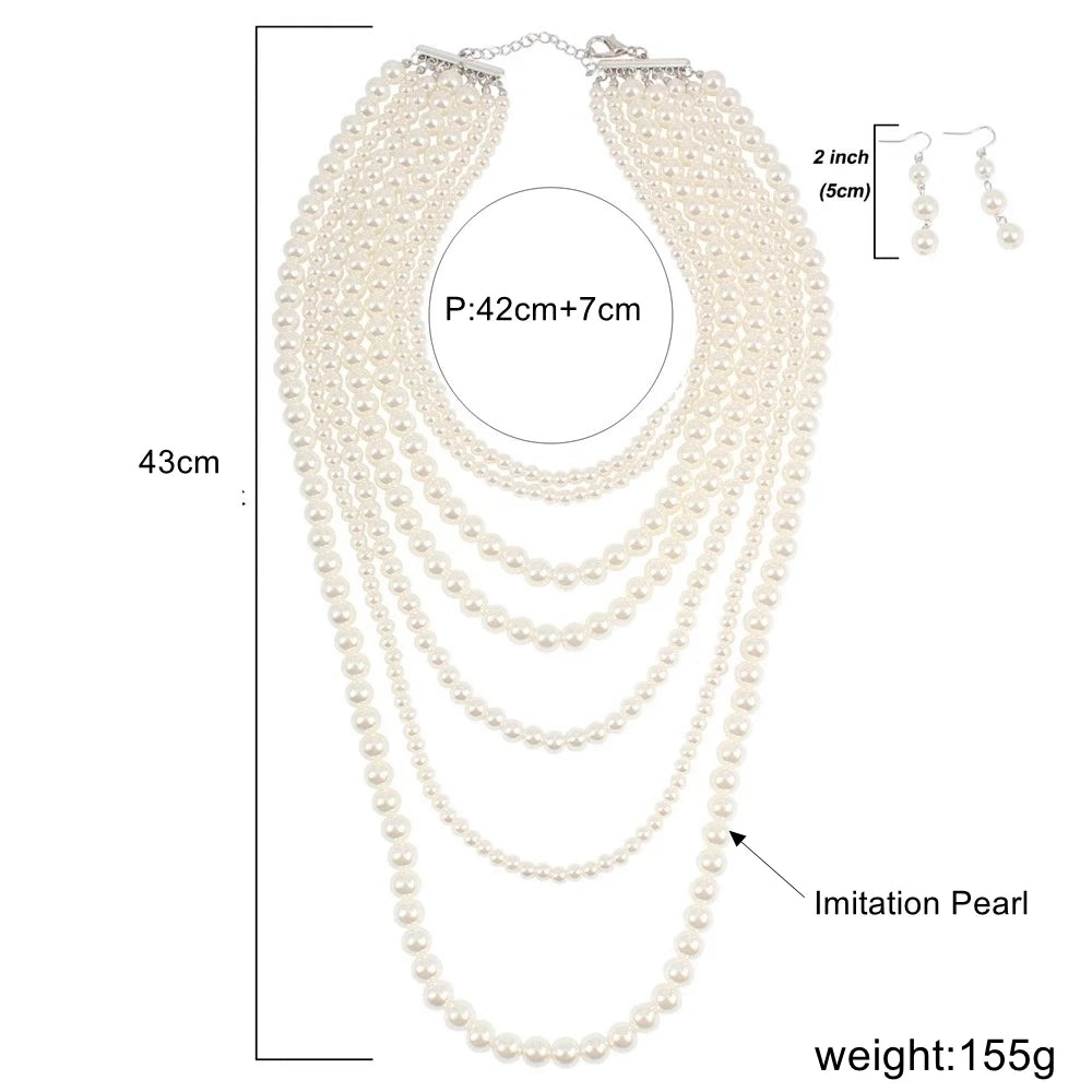 Fashiona Elegant Multi-layer Imitation Pearl Handmade Beaded Statement Necklace Women Wedding Party Accessories Sweater Chain