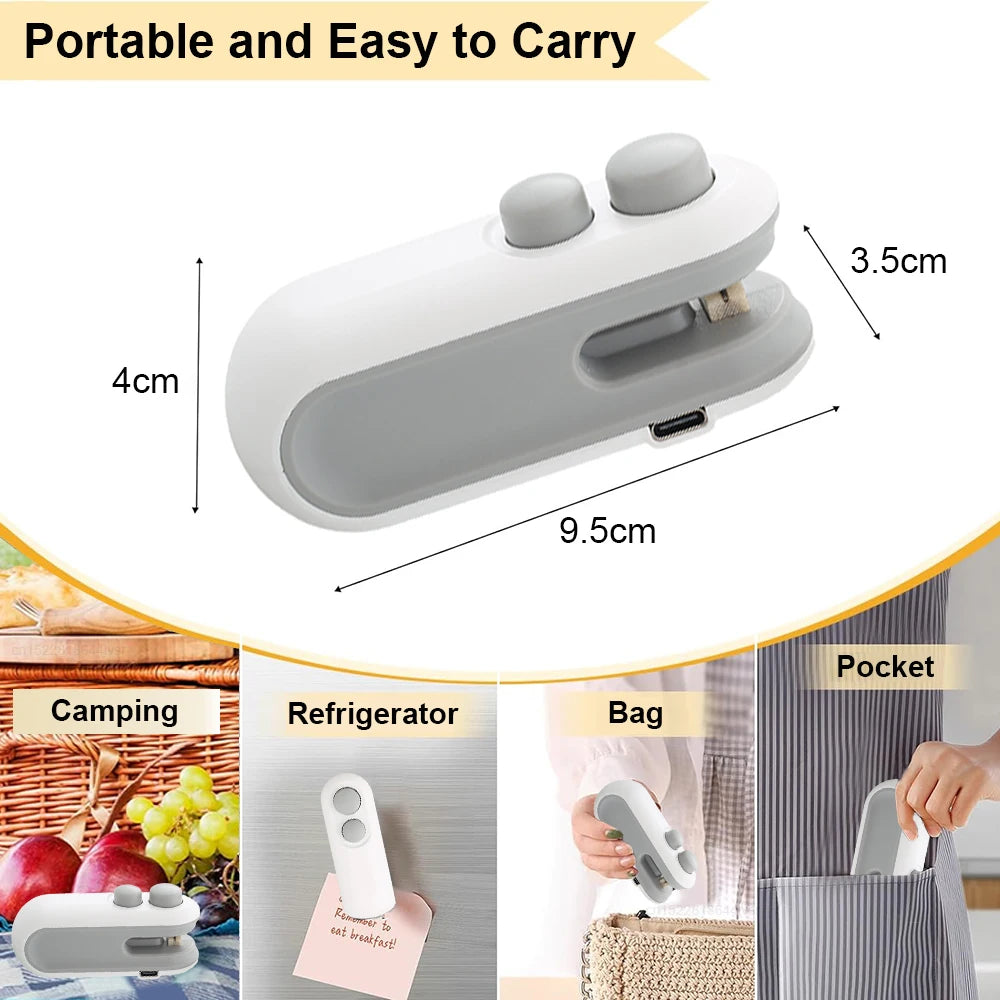 Portable 2-in-1 USB Rechargeable Mini Heat Sealer with Cutter Magnetic Bag Resealer Machine for Plastic Bags Snacks Storage