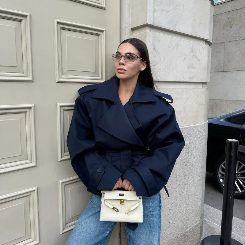 Solid Belted Waist Short Trench Coat Women Chic Wide Lapel Epaulet Detail Loose Long Sleeve Coats Fall Daily Commuter Outerwear