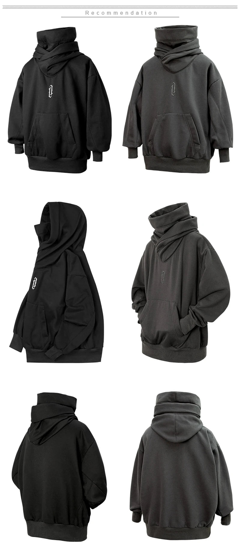 Embroidery Turtleneck Sweatshirt For Men Japanese Ninja Hoodies Autumn Hip Hop Fleece Pocket Streetwear Oversized Y2K Hoody