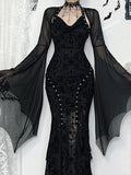 AltGoth Halloween Gothic Mesh Smock Women Vintage Streetwear Witch See Through Bat Sleeve Crop Blouse Sexy Cosplay Clothes Femme