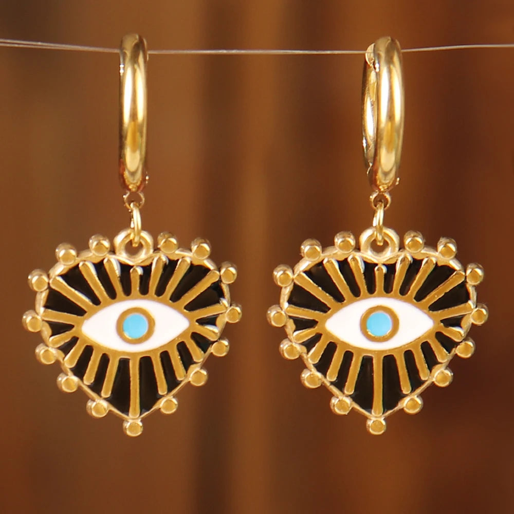 Vintage 316L Stainless Steel Turkish Evil Eye Hoops Earrings Huggie Drop Heart Pendant Earrings For Women Daily Jewelry Gifts