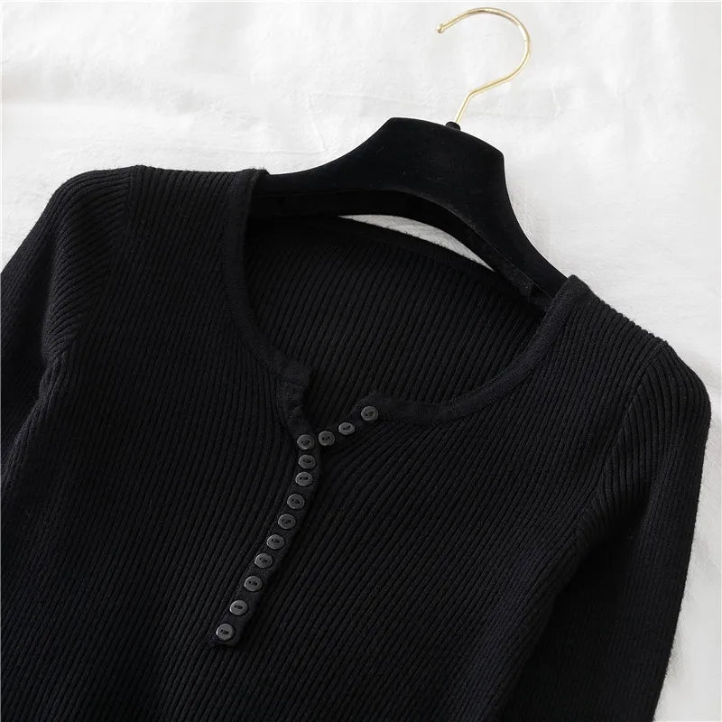 2026 Autumn Winter Button V Neck Sweater Women Basic Slim Pullover Women Sweaters And Pullovers Knit Jumper Soft Warm Tops