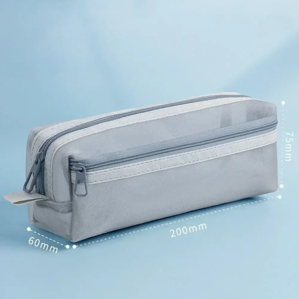 Double Layer Mesh Pen Bag Large Capacity Transparent Stationery Storage Bag Multifunctional Zipper Exam Supplies Organizer