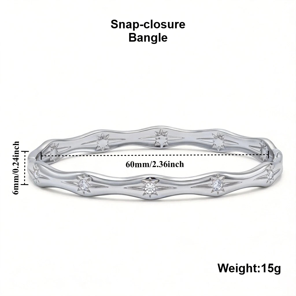 Gold Color Snap-on Sun Zircon Bangle, Luxury Stainless Steel Bracelet for Women, Fashion Jewelry Gift 60mm