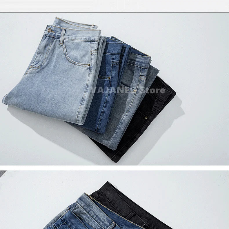 New Street Casual Baggy Jeans Men's Korean Fashion Hip Hop Straight Wide Leg  Trousers Couple Denim Pants Black Light Blue