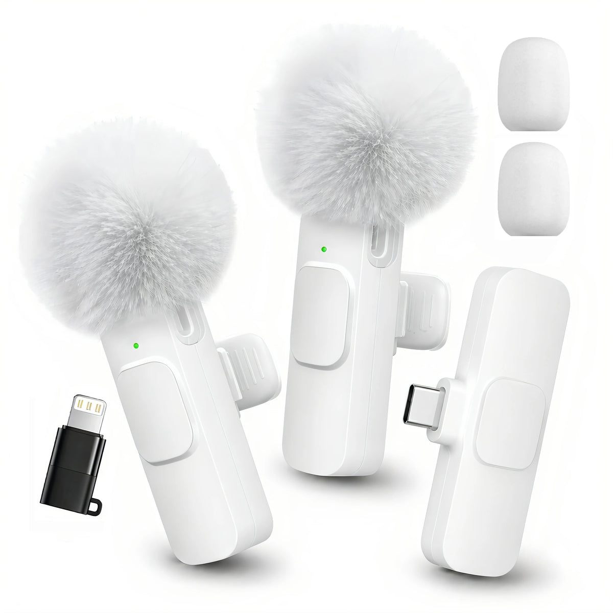 Wireless Lavalier Microphone with Furry Windscreen, Type-C&Lightning Adapter, Mini Clip Mic, Android, iPhone, Tablets, Laptops