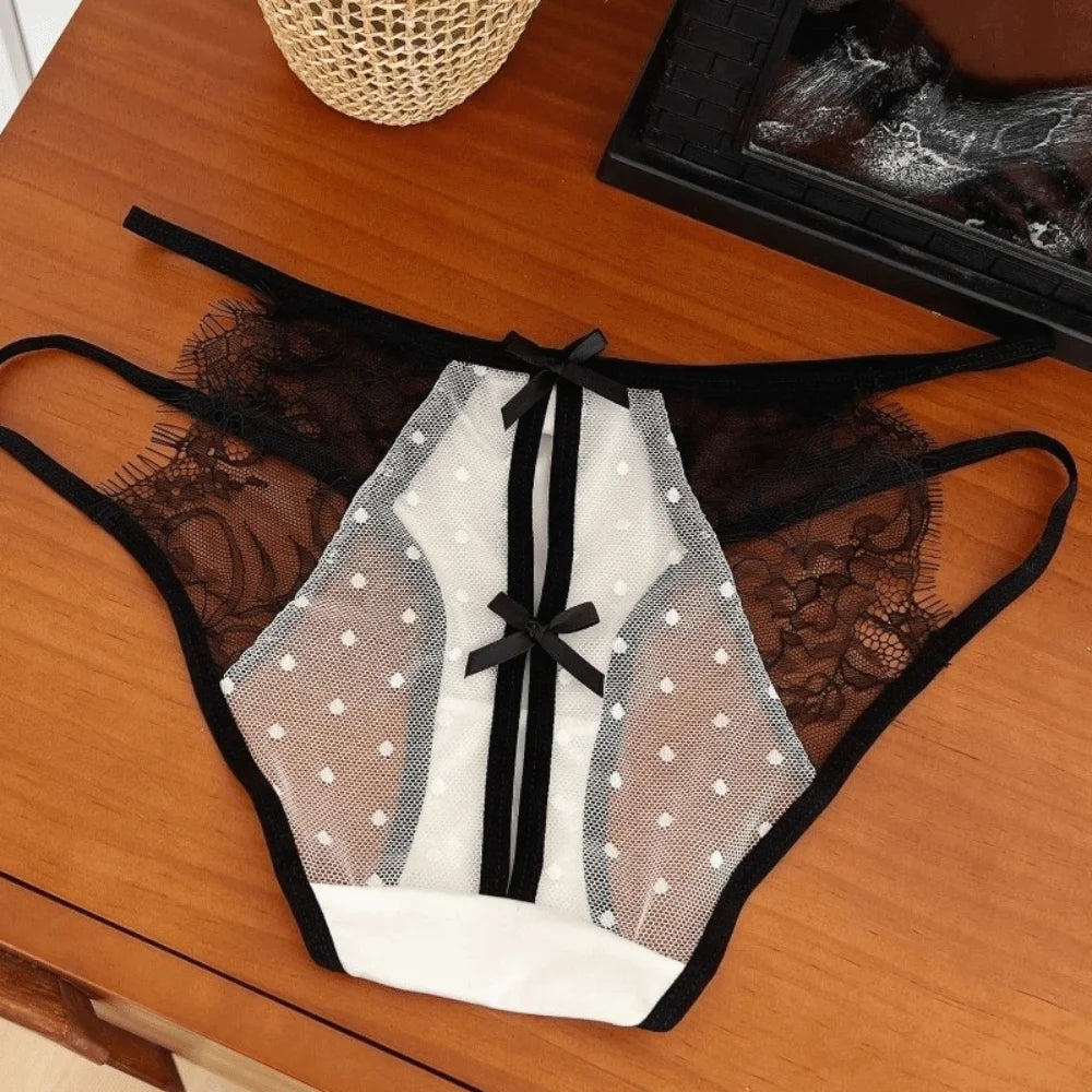 Cute Low Waist Underwear for Women Bow Transparent Sweet Lace Panties Hollow Mesh Satin Silk Briefs Female