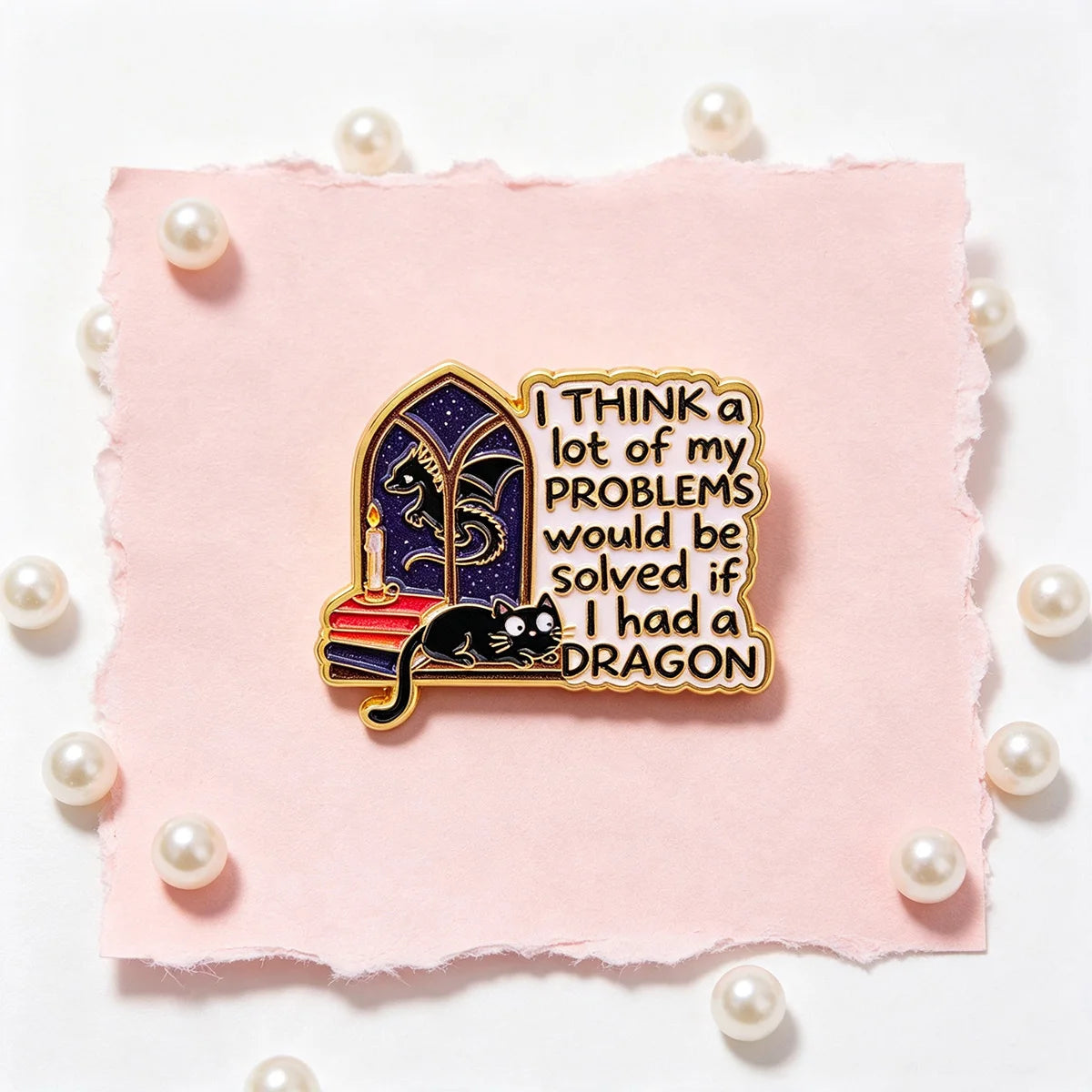 9pcs I THINK a lot of my PROBLEMS would be solved if I had a DRAGON Enamel Pin Set Cat Fantasy Quotes Brooch Animal Badge
