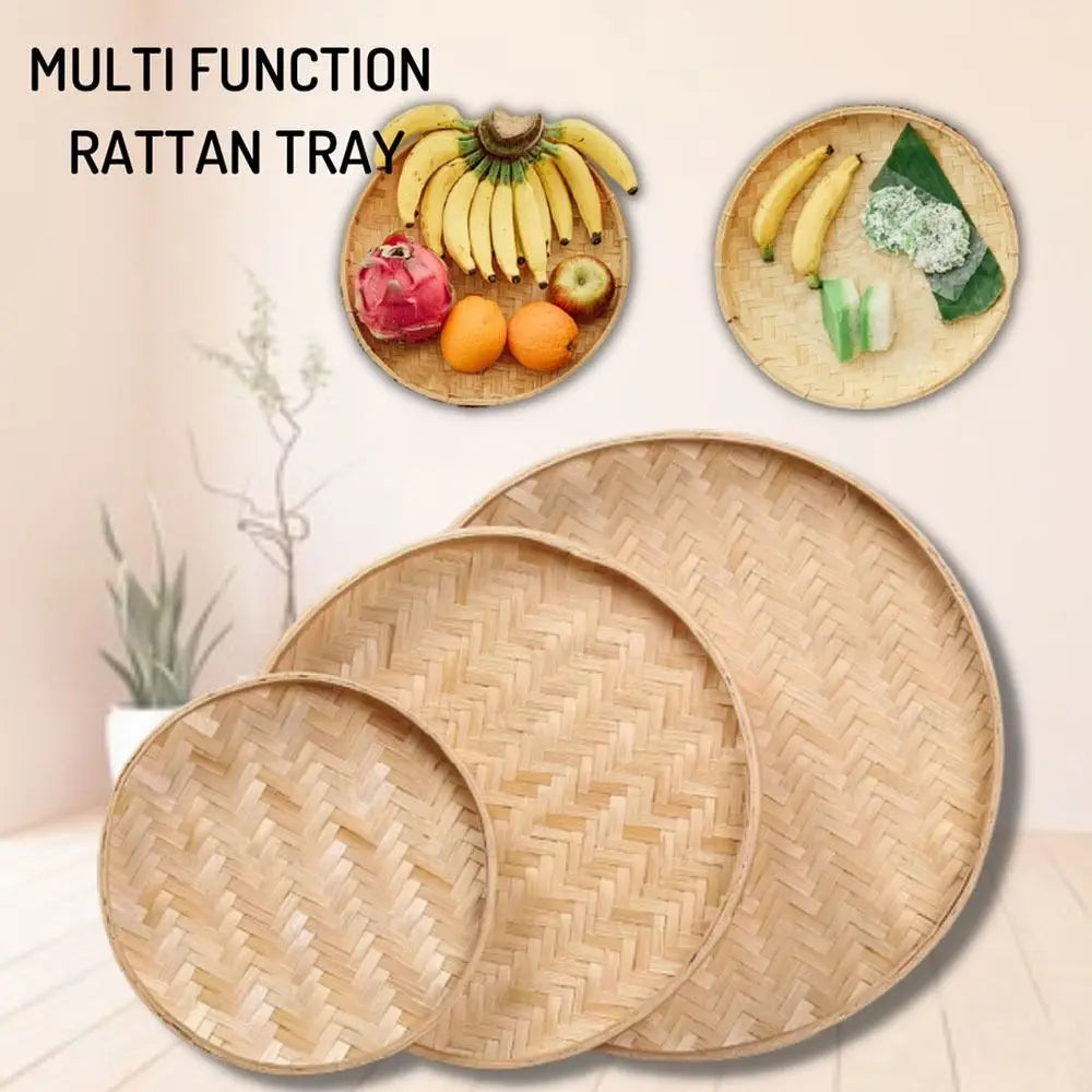 4 Size Hand-woven Bamboo Sieve Hand-painted Bamboo Raft Round Dustpan DIY Decorative Fruit Bread Basket Kitchen Storage Tray
