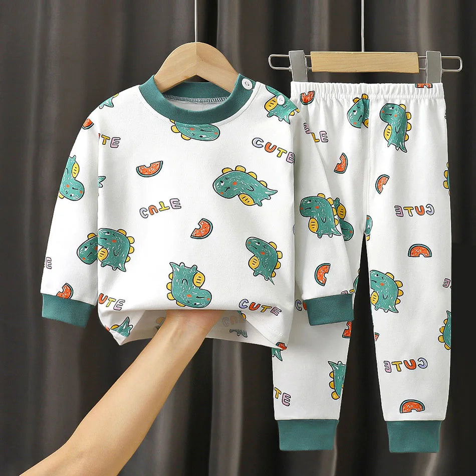 Spring Autumn Sleepwear Kids Comfort Cotton Pajamas Set Durable and Soft Unisex Cartoon Dinosaur for Boy Girl Children Clothes