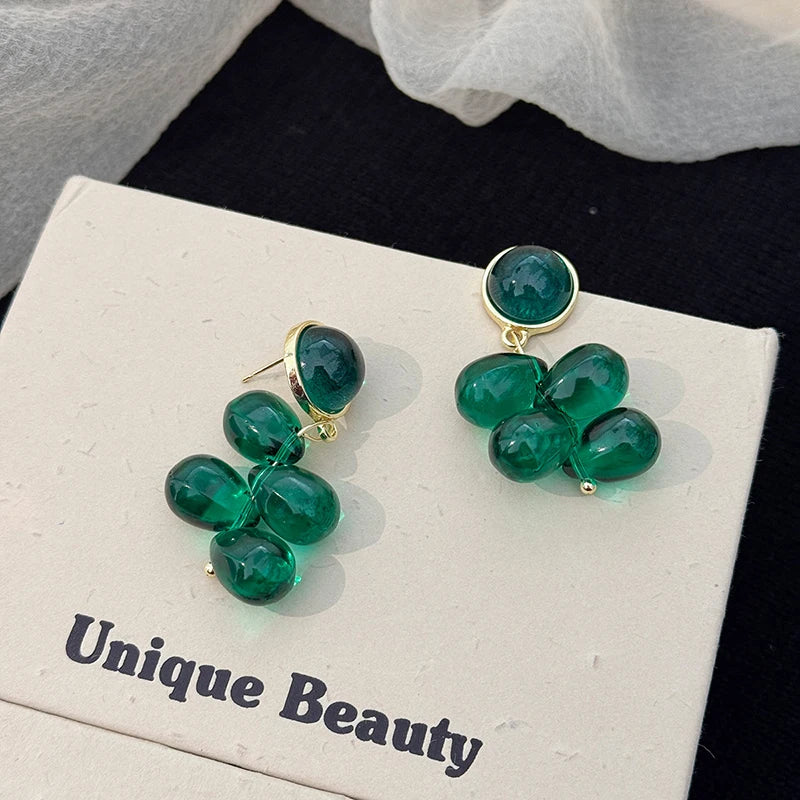 Green Water Droplet Bead Earrings Women Simple Glass Bead Tassel Vintage Unique Classical Earrings Women Jewelry Gifts