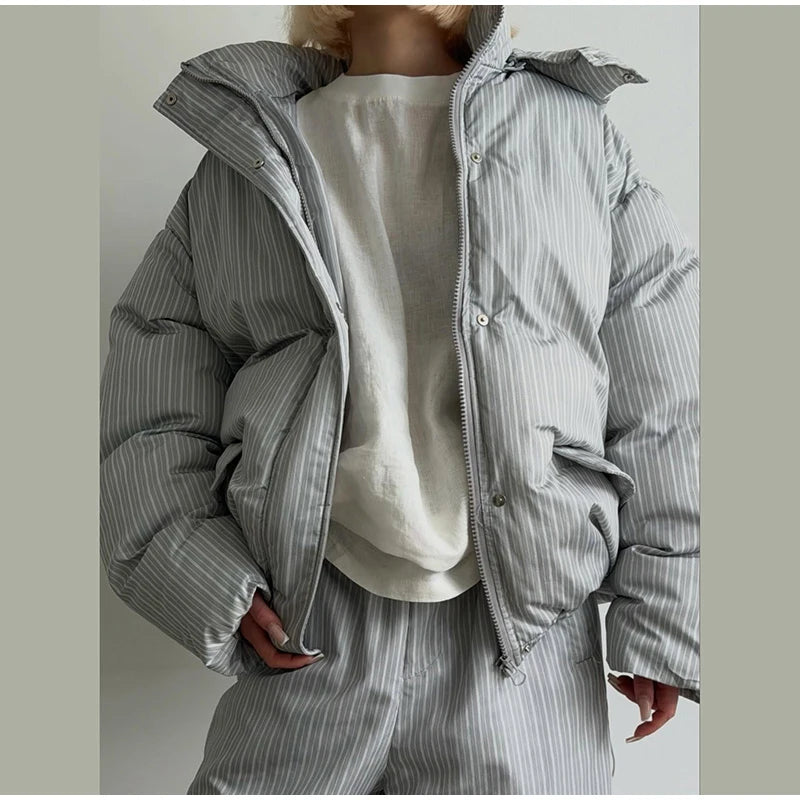 Chic Striped Hooded Puffer Coat Set Women Quilted Full Sleeve Zip Jacket Wide Leg Pants 2026 New Lady Autumn Winter Warm Outfit