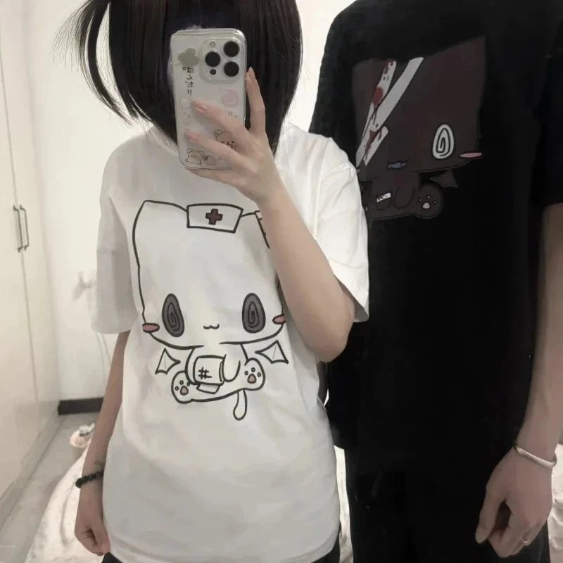 Women T Shirts Cartoon Printed Funny Couple Sweet Short Sleeve O Neck Loose Y2k Harajuku Tops Female Casual Tshirt