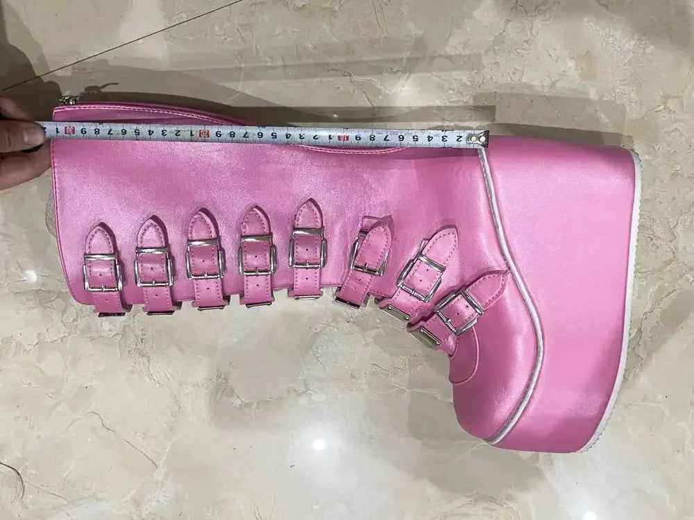 Women Boots Cosplay Ladies High Heel Platform Wedges Women High Boots Gothic Buckle Strap Long Tube Leather Female Boots Plus Si