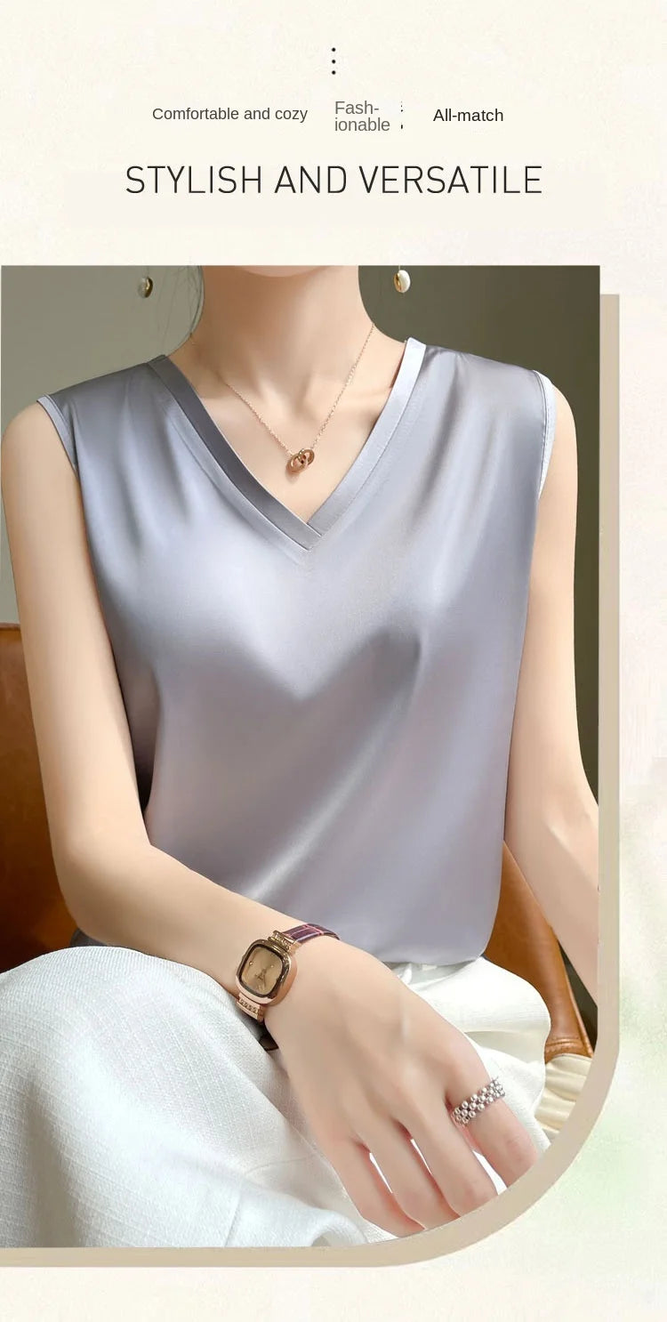 V-Neck Silk Vest Women's Summer Short Sleeved Top Acetate Satin Sleeveless Summer Shirt T-Shirt Loose Suspender Base YTM A39