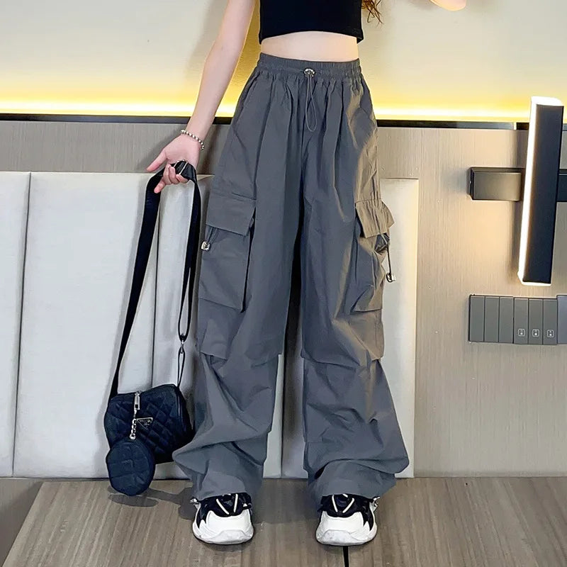 5-14Y Kids Hip Hop Joggers Pants Girls Cargo Pants Teenage Straight Trousers High Waist Vintage Casual Streetwear Baggy Pants