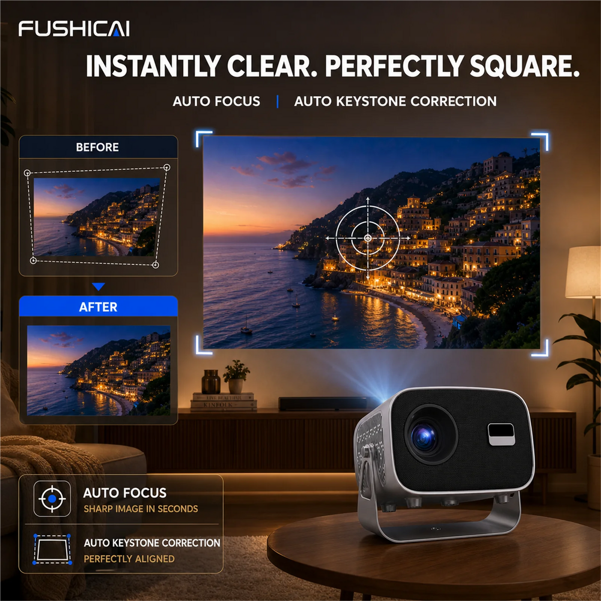 FUSHCAI Outdoor Projector A10 Portable Mini Projector with 360° Rotation 900 ANSI Native 720P 4K Compatible Auto Focus BT 5.4