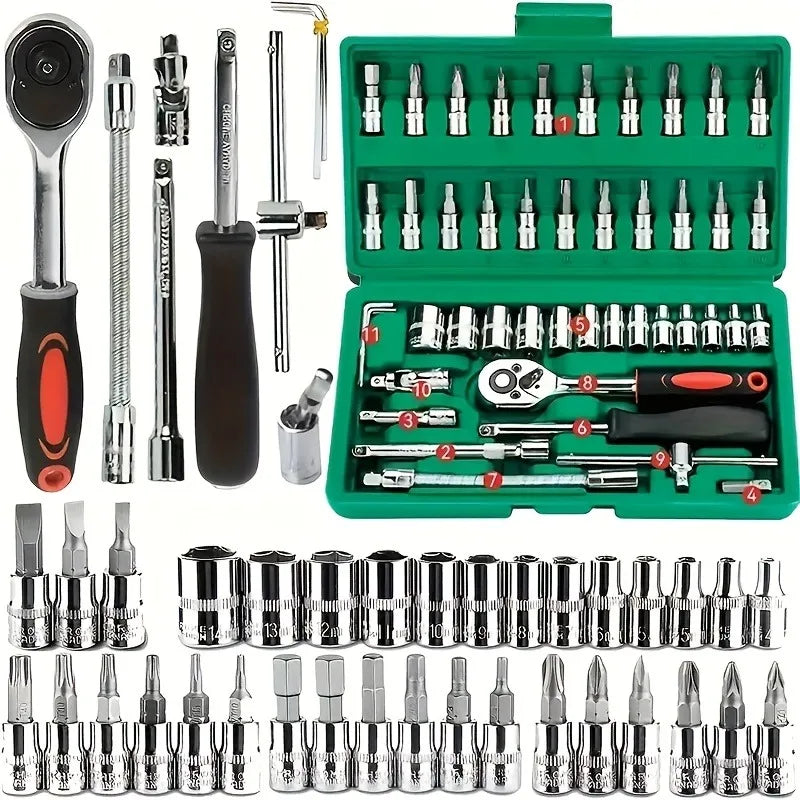 46pcs-Pack Car Repair Tool Kit: Ratchet Torque Wrench, Wrench, Screwdriver, Socket Kit - Perfect for Motorcycle And Car Repair