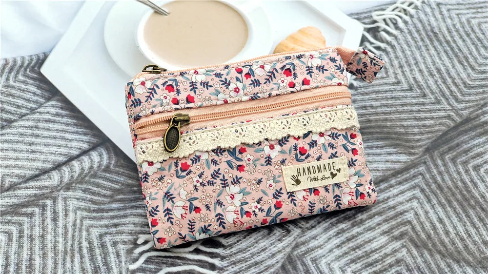 New Fashion Flower Multi-layer Cotton Fabric Coin Purse Women Card Wallet Small Change Bag Retro Canvas Female Hand Purses Pouch