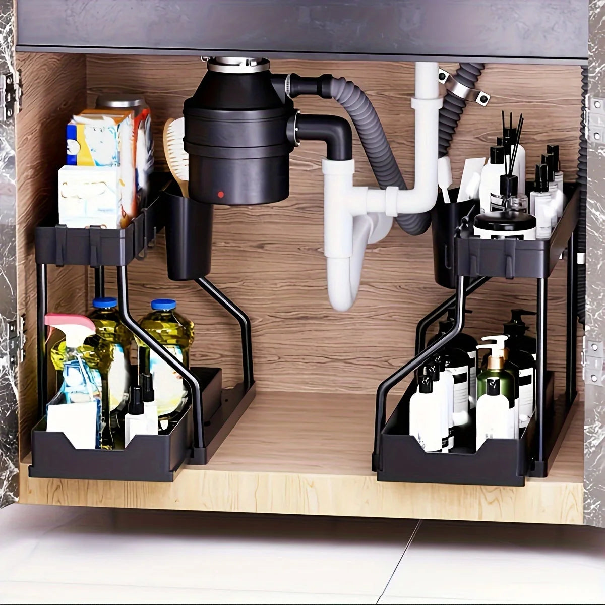 Kitchen lower sink rack Double pull-out countertop finishing rack Bathroom storage rack Kitchen storage rack