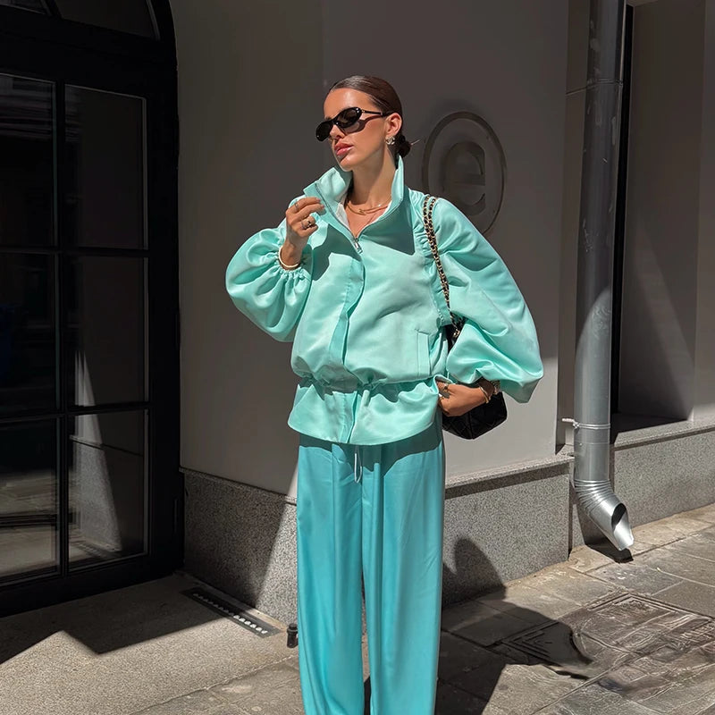 Shiny Fabric Jacket High Stand Collar Oversized Puff Sleeve Drawstring Cropped Hem 2026 Autumn Fashion Daily Lady Sweet Jacket