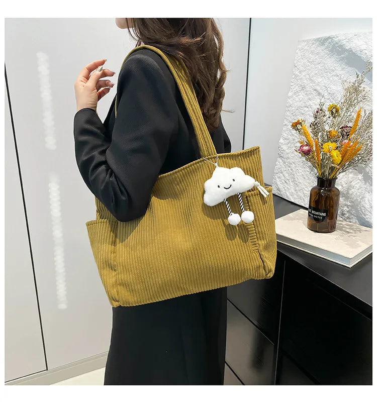 Corduroy Women Bag Fashionable Large Capacity Handbag Shoulder Bag Versatile Artistic Retro Student Class Bag with Zipper Pocket